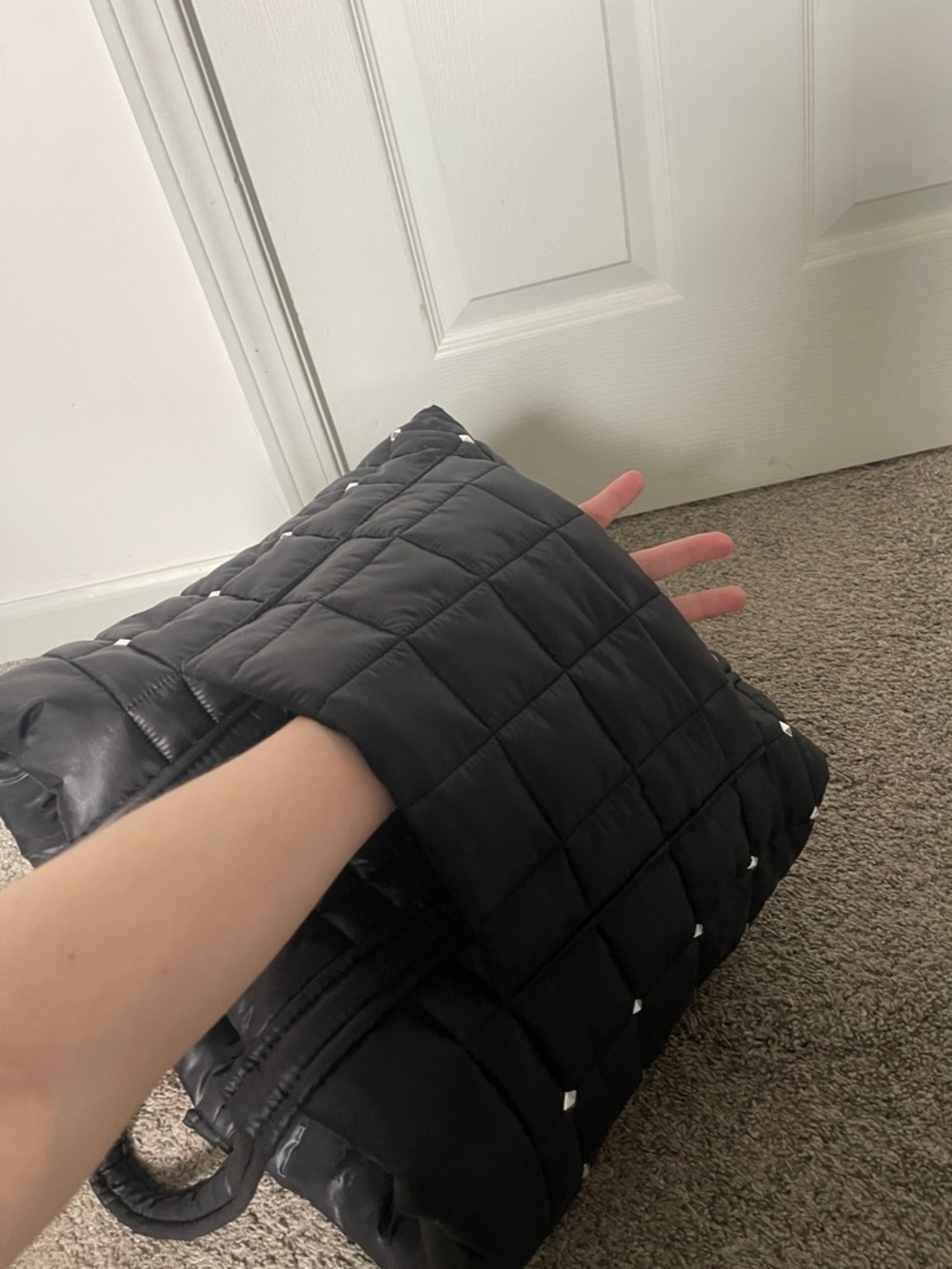 Michael Kors Black Quilted Puffer Tote with Silver Studs - Picture 4 of 7